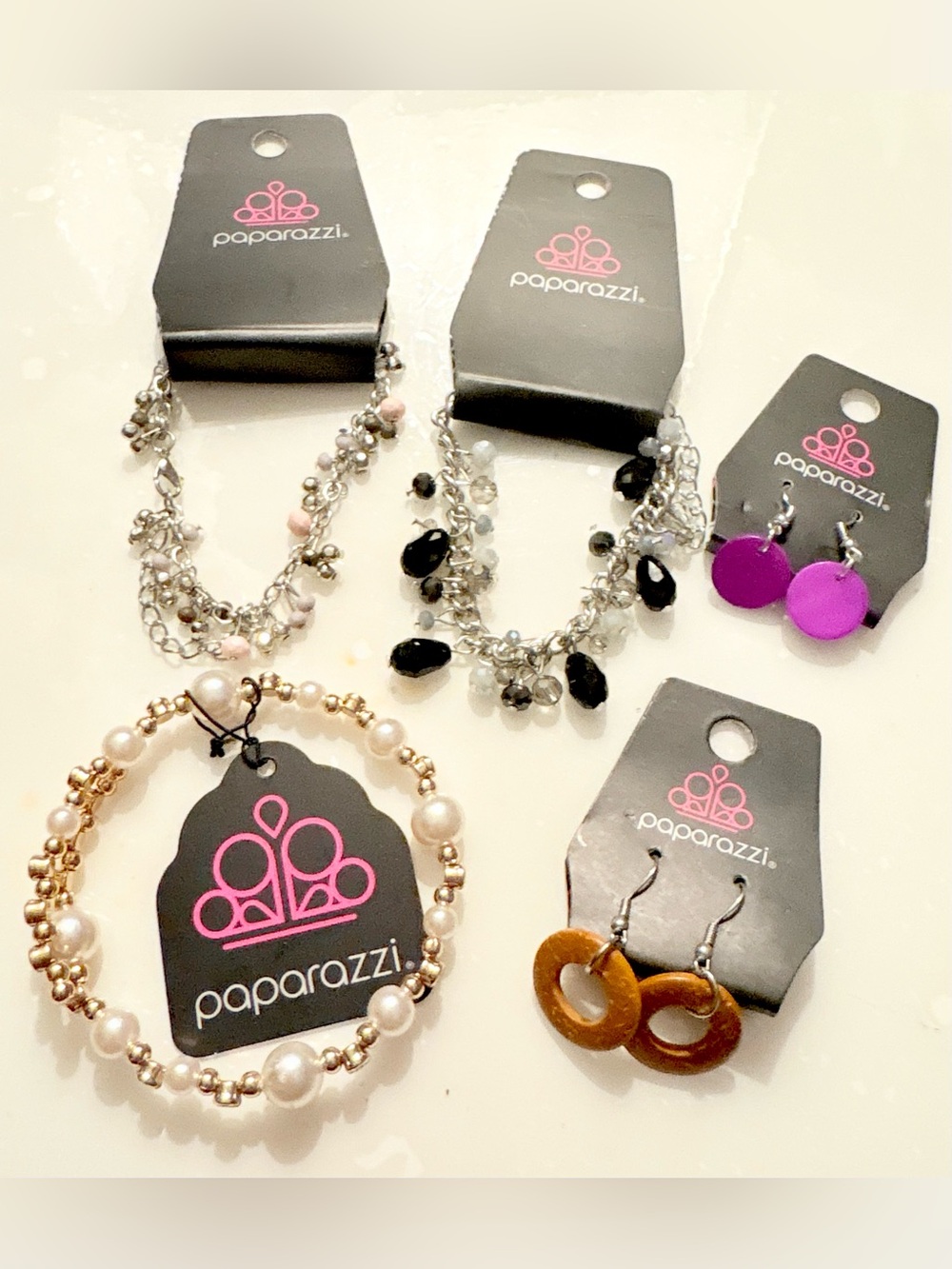 paparazzi Bundle of 3 Silver Tone Multi-Charms Bracelet & 2 Pairs of Earrings